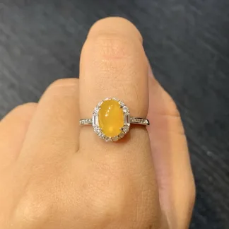 Icy Honey Yellow Natural Jadeite Cabochon Ring — S925 Silver · No. FFCF