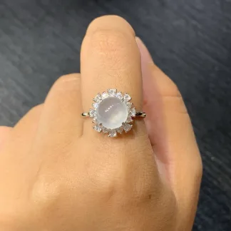 High-Icy Glowing Natural Jadeite Cabochon Ring — S925 Silver · No. 57E0