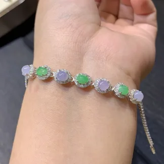 Lavender and Green Natural Jadeite Cabochon Bracelet — S925 Silver · No. CF9C
