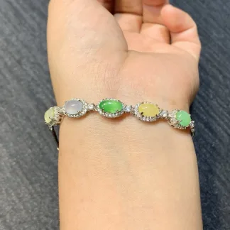High-Icy Multicolor Natural Jadeite Cabochon Bracelet — S925 Silver · No. FE53