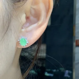 Icy Clear Green Natural Jadeite Cabochon Stud Earrings — S925 Silver · No. DDC3