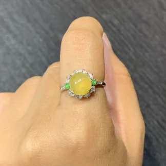 High-Icy Honey Yellow Natural Jadeite Cabochon Ring — S925 Silver · No. AE7E