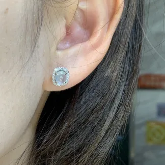 High-Icy Glowing Natural Jadeite Cabochon Stud Earrings — S925 Silver · No. BA19