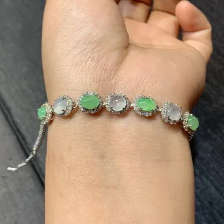 High-Icy White and Green Natural Jadeite Cabochon Bracelet — S925 Silver · No. C1F7