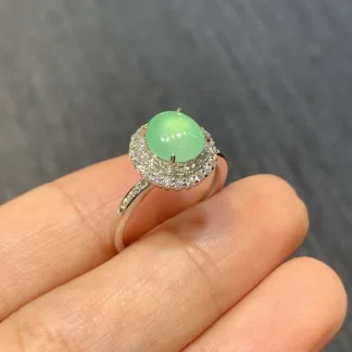 High-Icy Clear Green Natural Jadeite Cabochon Ring — S925 Silver · No. B293