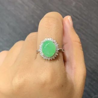 Icy Vivid Green Natural Jadeite Cabochon Ring — S925 Silver · No. 9283