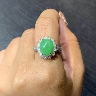 Icy Vivid Green Natural Jadeite Cabochon Ring — S925 Silver · No. F9E9