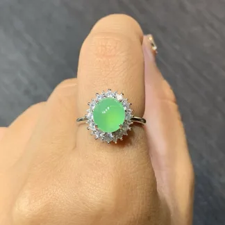 Icy Vivid Green Natural Jadeite Cabochon Ring — S925 Silver · No. C64E