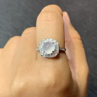 High-Icy Glowing Natural Jadeite Cabochon Ring — S925 Silver · No. AE4C