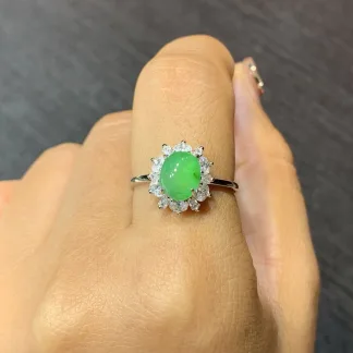 Icy Vivid Green Natural Jadeite Cabochon Ring — S925 Silver · No. E183