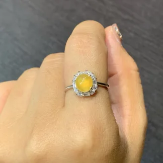 High-Icy Honey Yellow Natural Jadeite Cabochon Ring — S925 Silver · No. 6829
