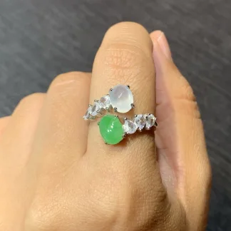 High-Icy White and Green Natural Jadeite Cabochon Ring — S925 Silver · No. 75DD