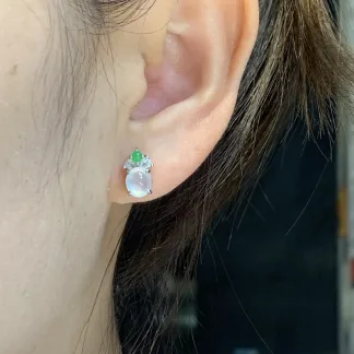 High-Icy Glowing Natural Jadeite Cabochon Stud Earrings — S925 Silver · No. 2195