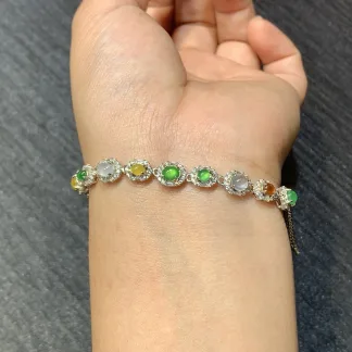 High-Icy Multicolor Glowing Natural Jadeite Cabochon Bracelet — S925 Silver · No. 43A0