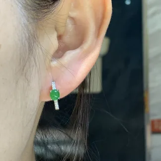 High-Icy Intense Vivid Green Natural Jadeite Cabochon Huggie Earrings — S925 Silver · No. AC31