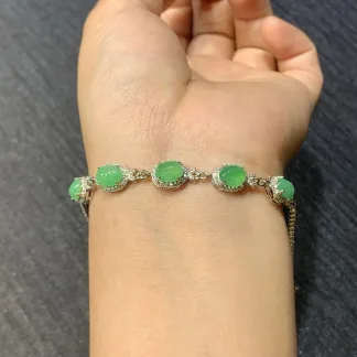 Icy Vivid Green Natural Jadeite Cabochon Bracelet — S925 Silver · No. 28C8