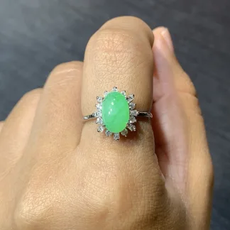Icy Soft Vivid Green Natural Jadeite Cabochon Ring — S925 Silver · No. 49A6