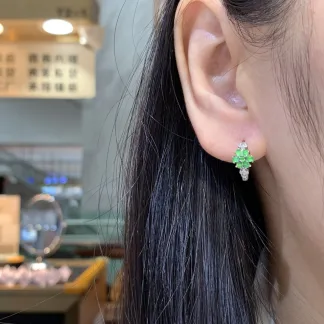 High-Icy Vivid Green Natural Jadeite Cabochon Huggie Earrings — S925 Silver · No. FC8B
