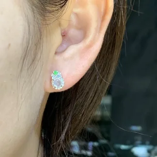 Icy Glowing Natural Jadeite Cabochon Stud Earrings — S925 Silver · No. 1DAE