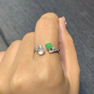 High-Icy White and Green Natural Jadeite Cabochon Ring — S925 Silver · No. 1680