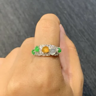 High-Icy Multicolor Natural Jadeite Cabochon Ring — S925 Silver · No. 0D0F