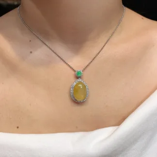 High-Icy Honey Yellow Natural Jadeite Cabochon Pendant — S925 Silver · No. BD12