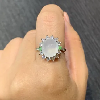 High-Icy Glowing Natural Jadeite Cabochon Ring — S925 Silver · No. C87D