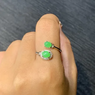 Icy Vivid Green Natural Jadeite Cabochon Ring — S925 Silver · No. 06D4