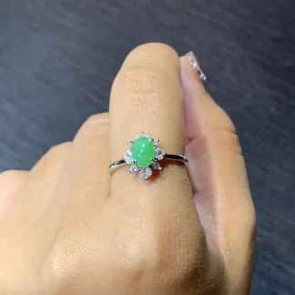 Icy Vivid Green Natural Jadeite Cabochon Ring — S925 Silver · No. D278