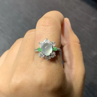 Icy Glowing Natural Jadeite Cabochon Ring — S925 Silver · No. E915