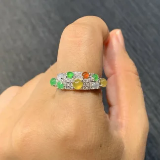 High-Icy Multicolor Natural Jadeite Cabochon Ring — S925 Silver · No. 1BD7