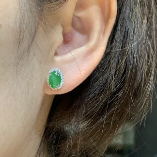 Icy Vivid Green Natural Jadeite Cabochon Stud Earrings — S925 Silver · No. 0428