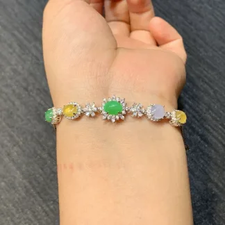 High-Icy Multicolor Natural Jadeite Cabochon Bracelet — S925 Silver · No. CCFF