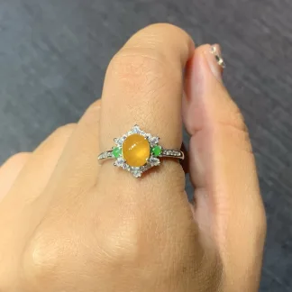 High-Icy Honey Yellow Natural Jadeite Cabochon Ring — S925 Silver · No. 2EEC
