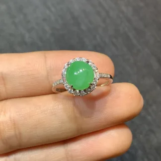 Icy Vivid Green Natural Jadeite Cabochon Ring — S925 Silver · No. E098