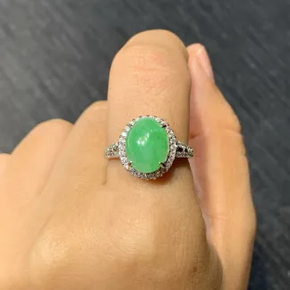 Icy Vivid Green Natural Jadeite Cabochon Ring — S925 Silver · No. 5853