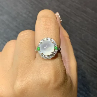High-Icy Glowing Natural Jadeite Cabochon Ring — S925 Silver · No. A0FD