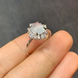 High-Icy Glowing Natural Jadeite Cabochon Ring — S925 Silver · No. 82E2