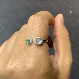 High-Icy White and Green Natural Jadeite Cabochon Ring — S925 Silver · No. 425D