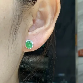 Icy Vivid Green Natural Jadeite Cabochon Stud Earrings — S925 Silver · No. 030F