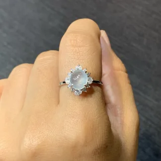 High-Icy Glowing Natural Jadeite Cabochon Ring — S925 Silver · No. F6D3