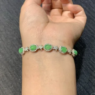Icy Vivid Green Natural Jadeite Cabochon Bracelet — S925 Silver · No. DE0D
