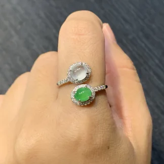 High-Icy Glowing White and Green Natural Jadeite Cabochon Ring — S925 Silver · No. B124