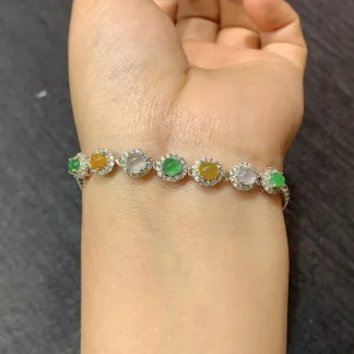 High-Icy Multicolor Natural Jadeite Cabochon Bracelet — S925 Silver · No. 6D76