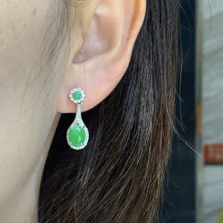 Icy Vivid Green Natural Jadeite Cabochon Drop Earrings — S925 Silver · No. 9CE4