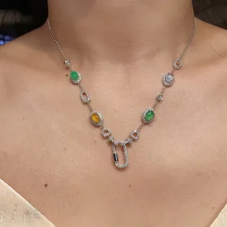 High-Icy Multicolor Natural Jadeite Convertible Cabochon Chain — S925 Silver · No. 9A9C