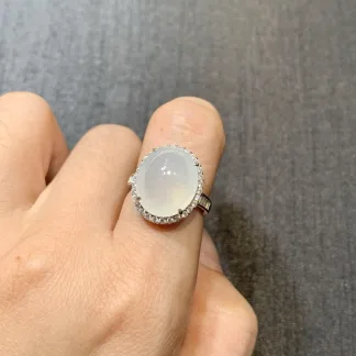 High-Icy White Natural Jadeite Cabochon Ring — S925 Silver · No. 167B