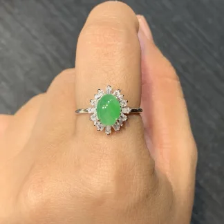 Icy Vivid Green Natural Jadeite Cabochon Ring — S925 Silver · No. 5BE0