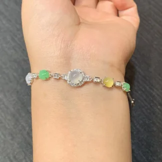 High-Icy Multicolor Natural Jadeite Cabochon Bracelet — S925 Silver · No. 3677