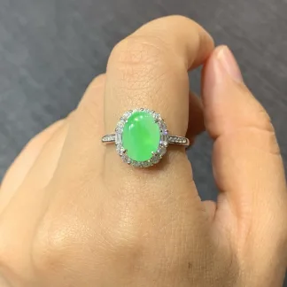 Icy Vivid Green Natural Jadeite Cabochon Ring — S925 Silver · No. 72D7